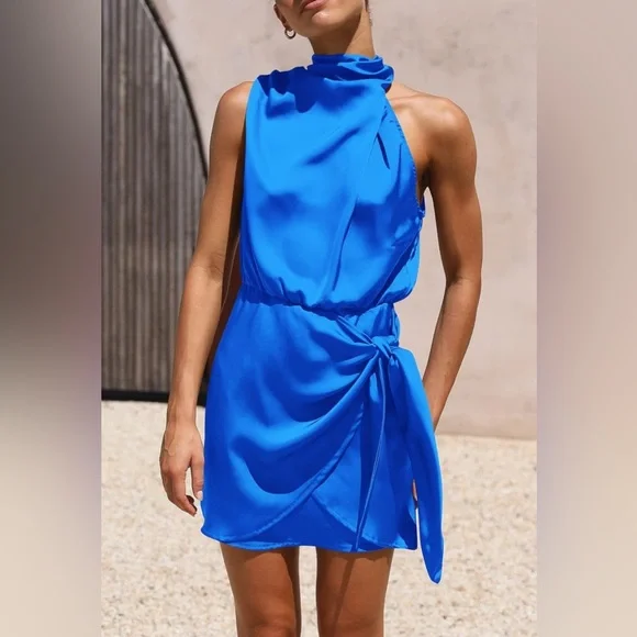 PRETTYGARDEN Formal Satin Dress Sleeveless Mock Neck Tie Waist - size XL - Picture 8 of 11